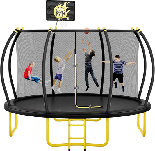 12FT Pumpkin Trampoline, Trampoline Outdoor with Basketball Hoop, Enclosure Net and Ladder, Recreational Trampoline