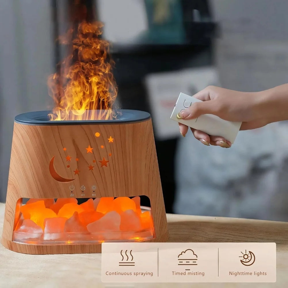 Salt Stone Lamp Humidifier with Flame Effect and Timer Combining Air Purification and Aromatherapy in a Quiet Device
