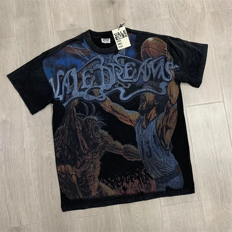 25SS Summer New VALLEY T-Shirts American Washed Pure Cotton Vale Hot Drill Letter Short Sleeve