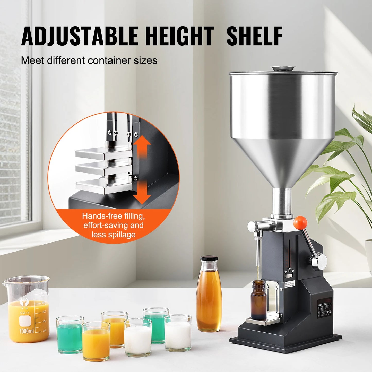 SucceBuy 5-100ml Manual Paste Liquid Filling Machine Stainless Steel Adjustable Bottle Filler with Hopper for Water Oil Honey