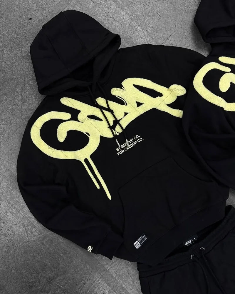 Black Purple Men Clothing Sports Set American New Letter Oversized Hoodies Street Hip Hop Retro Loose Sport Pants