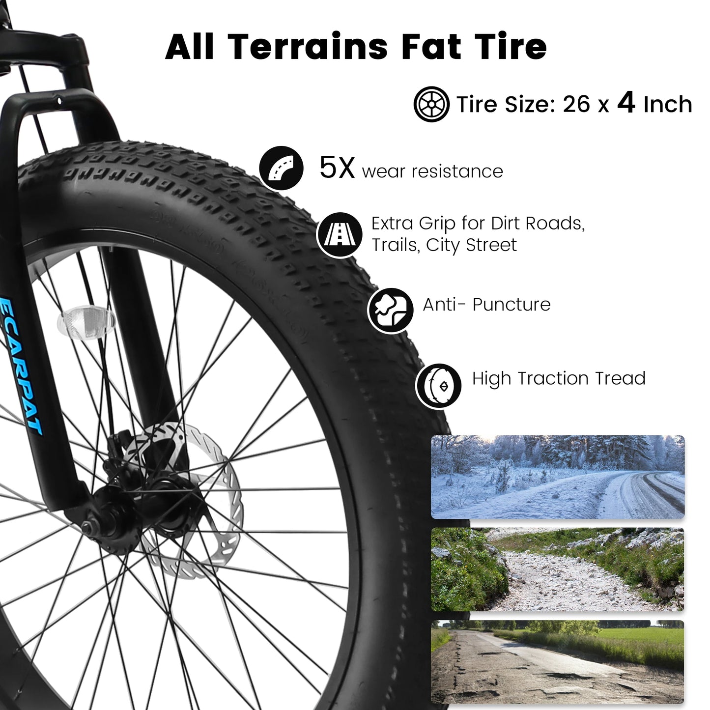 Ecarpat 26 Inch Mountain Bike with 4 Inch Wide Fat Tires and 21 Speed for Men and Women Steel Frame Disc Brake