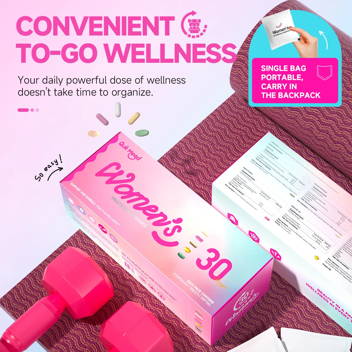 Quit mood-Women's 5-in-1 Daily Supplement | Multivitamin, Stress+Bone+Skin Support, Anti-aging | D3K2,NAD+ & Probiotics (30 Day)